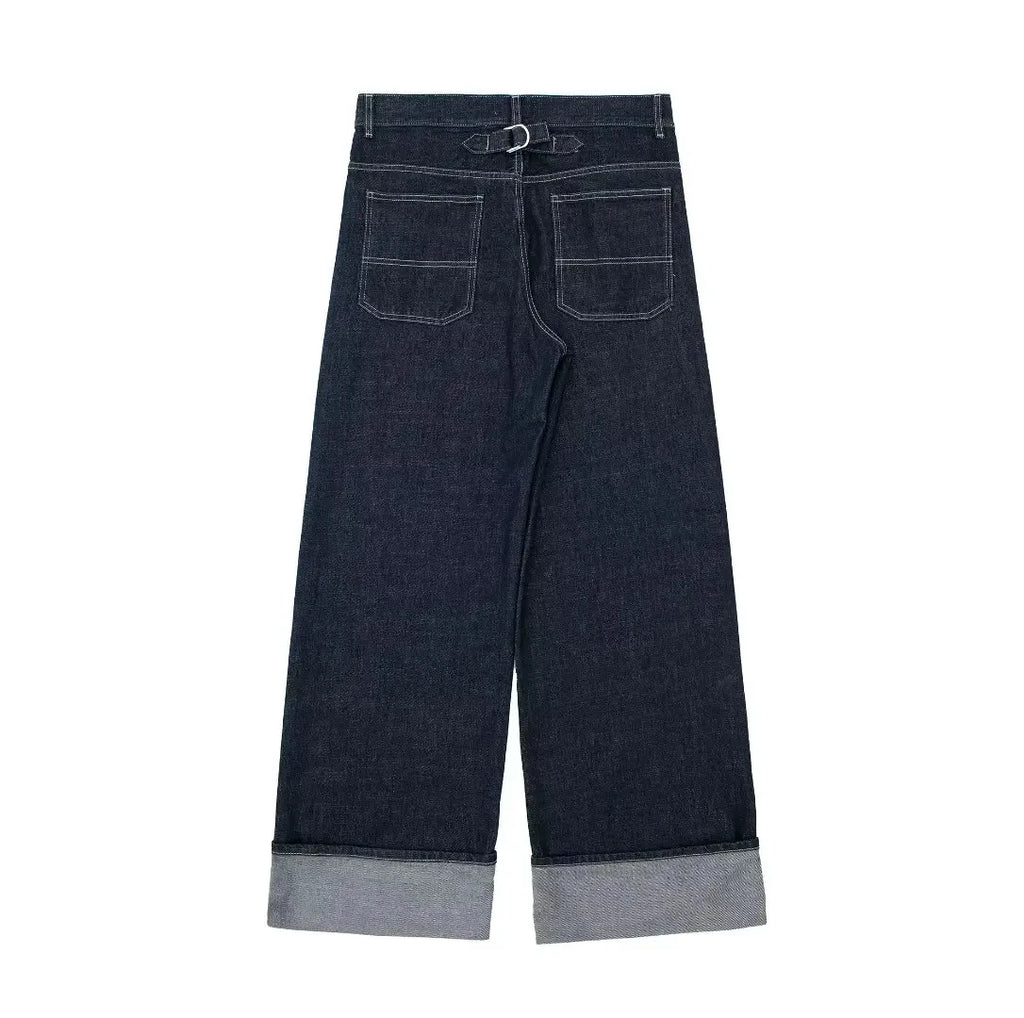 DENIMÉ - סט ג’ינס כהה עם ג’קט קצר ומכנסיים רחבים בקיפול