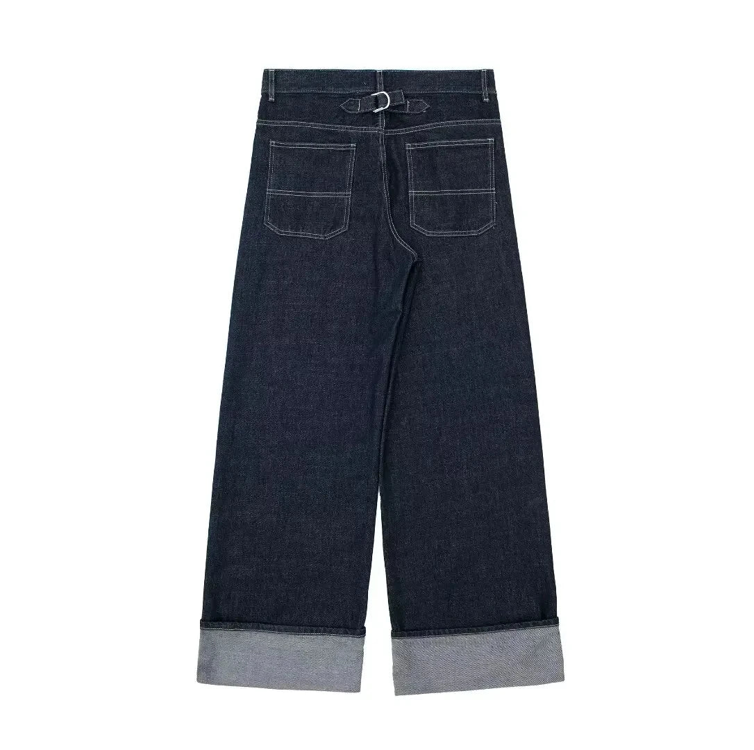 DENIMÉ - סט ג’ינס כהה עם ג’קט קצר ומכנסיים רחבים בקיפול