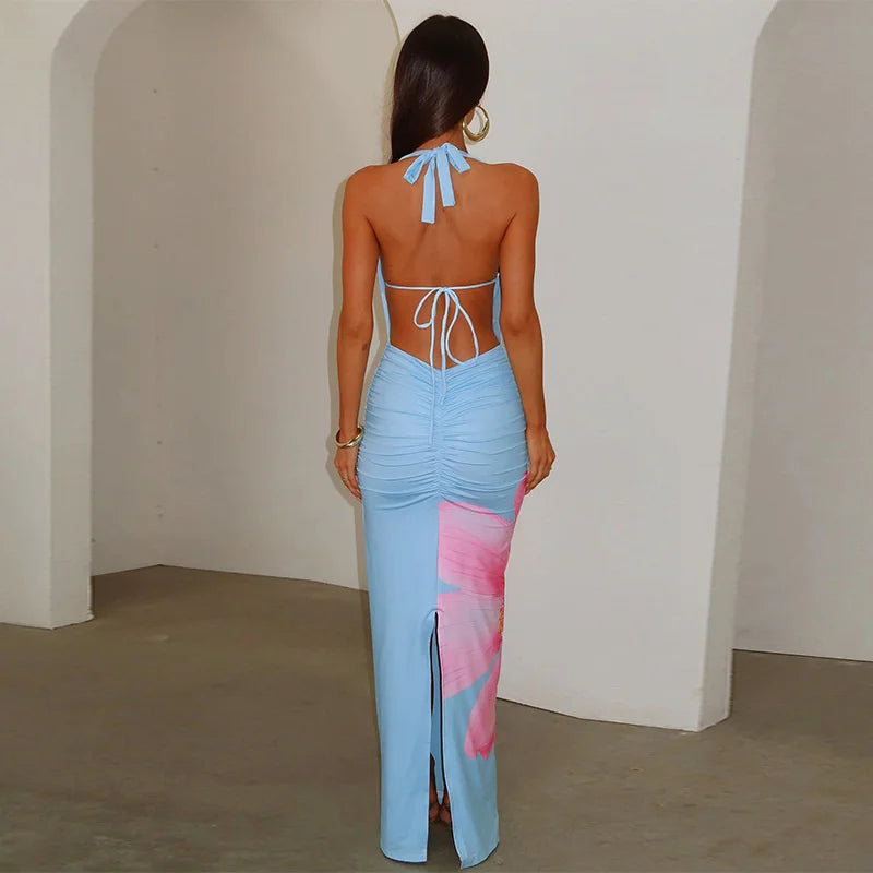 MIA - שמלת מקסי קולר בהדפס פרחוני, עם גב פתוח וקשירה אחורית