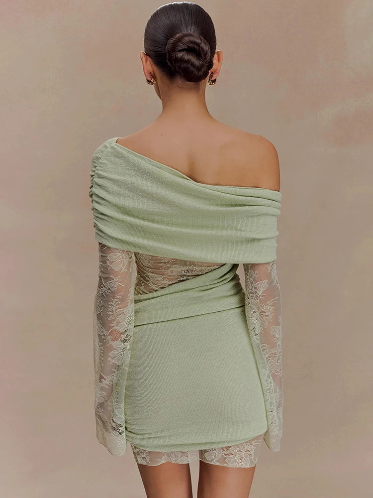 ANYA - שמלת מיני עם כתף אחת ותחרה שקופה