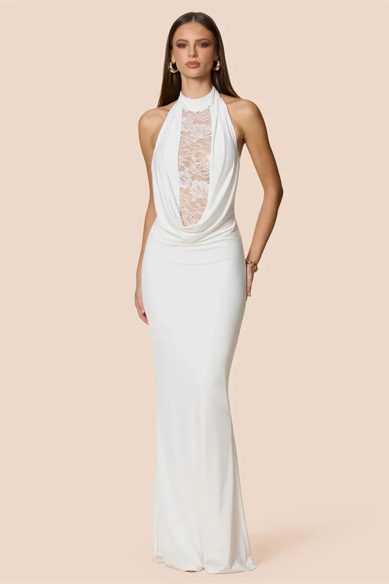 GEFEN - שמלת ערב מקסי צמודה עם תחרה שקופה וגב פתוח