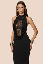 GEFEN - שמלת ערב מקסי צמודה עם תחרה שקופה וגב פתוח