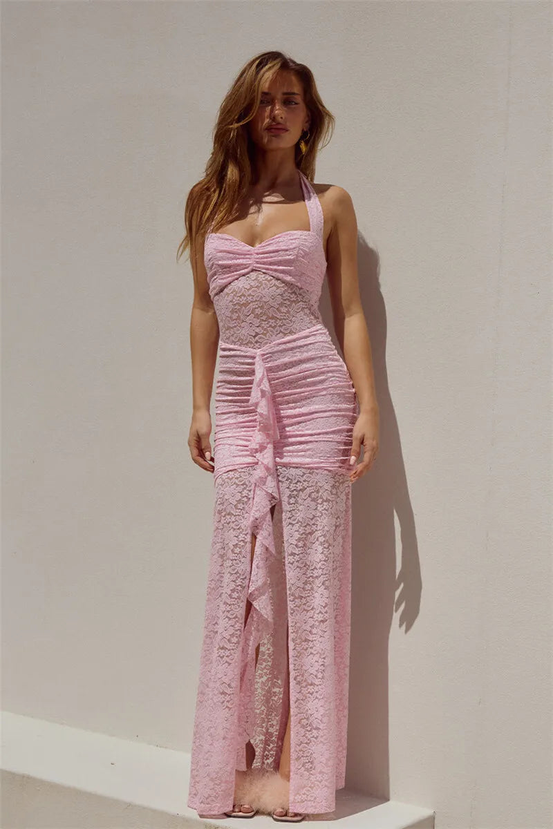 NIAN - שמלת מקסי קולר עם גב פתוח, תחרה וכיווצים