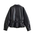 VANELLE - מעיל דמוי עור קצר עם חגורה וצווארון דש