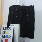 סט סרוג חולצה וחצאית מידי בעיטור כפתורים וכיסים - Danna