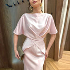 סט סאטן שני חלקים חולצת קשירה בעיצוב קרוס וחצאית מקסי - ליבי